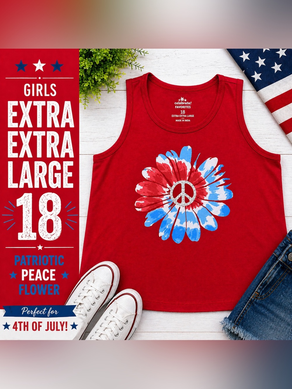 Celebrate Patriotic Tank Top Red Peace Flower 4th of July Girls XXL 18